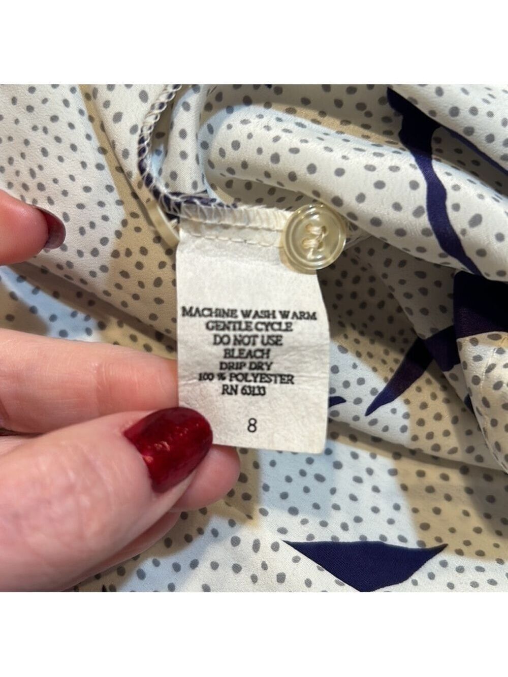 BLEYLE Vintage Navy Blue & Cream Print Button Down Blouse Size 8 - Picture 6 of 6